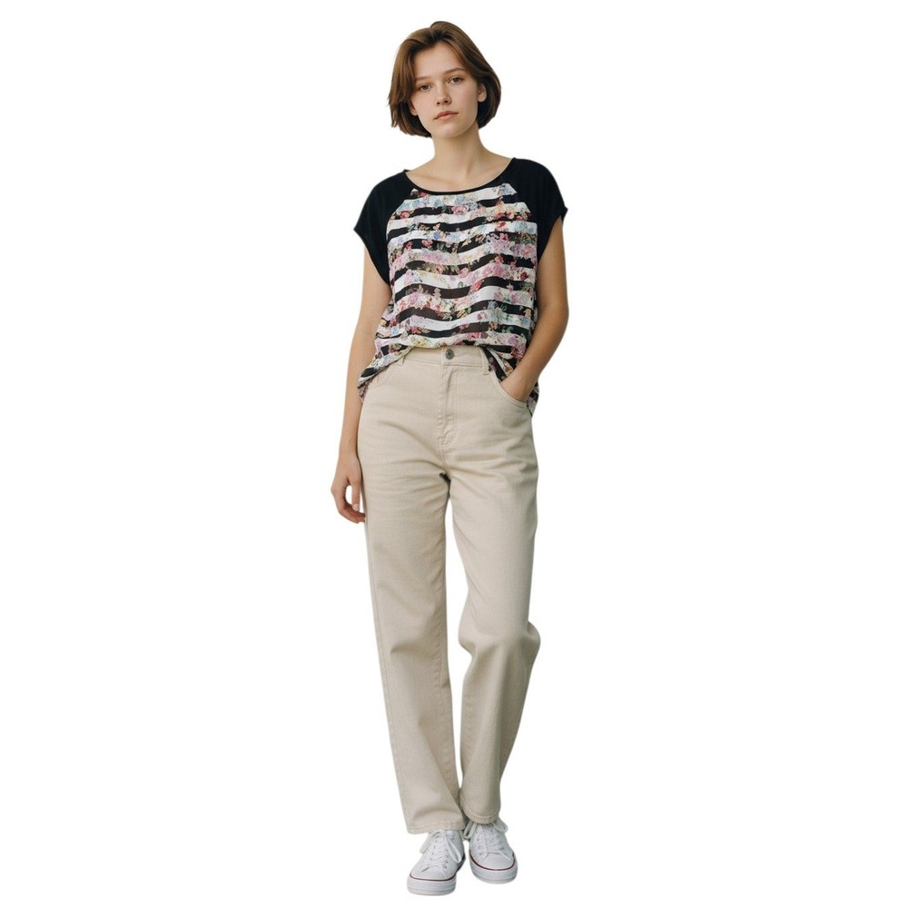 Promod Womens Mixed Media Floral Stripe Raglan Short Sleeve Top Black Multi Med